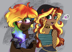 Size: 2048x1482 | Tagged: safe, artist:indigohatetrain, rainbow dash, sunset shimmer, human, g4, clothes, dark skin, duo, ear piercing, earring, female, humanized, jewelry, necktie, piercing, punk, torn clothes