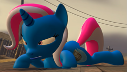 Size: 675x386 | Tagged: safe, artist:theinvertedshadow, trixie, pony, unicorn, elements of insanity, g4, 3d, an enlightening outing for magic mare, female, frown, gmod, lying down, magic mare, mare, power line, prone, shrunken pupils, solo focus, squint
