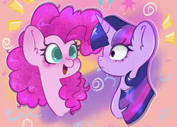 Size: 1872x1340 | Tagged: safe, artist:indigohatetrain, pinkie pie, twilight sparkle, ambiguous race, earth pony, pony, g4, abstract background, blushing, bust, colored pupils, duo, female, heart, heart eyes, heart mark, lesbian, looking at each other, looking at someone, mare, open mouth, open smile, ship:twinkie, shipping, smiling, wingding eyes