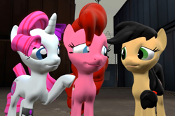 Size: 1052x702 | Tagged: safe, artist:theinvertedshadow, applejack, pinkie pie, rarity, earth pony, pony, unicorn, elements of insanity, g4, 3d, applepills, eyeshadow, female, freckles, gmod, hat, hoof on shoulder, looking at each other, looking at someone, makeup, mare, pinkis cupcake, rarifruit, standing, the sad tale of pinkis cupcake, trio, trio female
