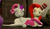 Size: 464x265 | Tagged: safe, artist:theinvertedshadow, fluttershy, rarity, pegasus, pony, unicorn, elements of insanity, g4, 3d, a strange reunion, duo, duo focus, eyeshadow, female, fluttershout, frown, gmod, hat, heterochromia, looking at someone, lying down, makeup, mare, rarifruit, shrunken pupils, worried