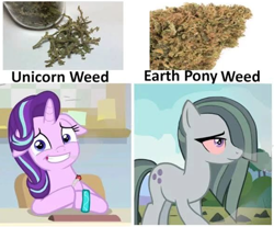 Size: 720x597 | Tagged: safe, edit, edited screencap, screencap, marble pie, starlight glimmer, earth pony, pony, unicorn, g4, bloodshot eyes, drugs, duo, female, horn, mare, marijuana, shitposting