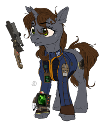Size: 2367x2705 | Tagged: safe, artist:aviarts, oc, oc only, oc:littlepip, pony, unicorn, fallout equestria, base colors, blue shirt, brown mane, brown tail, clothes, concept art, ear fluff, fallout, fluffy, gray coat, gun, handgun, high res, jumpsuit, little macintosh, pipbuck, revolver, simple background, solo, stable-tec, tail, transparent background, vault suit, weapon, whiskers, wip