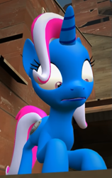 Size: 415x656 | Tagged: safe, artist:theinvertedshadow, trixie, pony, unicorn, elements of insanity, g4, 3d, an odd day for the cutie mark creeps, crouching, female, gmod, looking at someone, looking down, magic mare, mare, shrunken pupils, solo focus