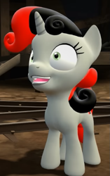 Size: 417x662 | Tagged: safe, artist:theinvertedshadow, sweetie belle, pony, unicorn, elements of insanity, g4, 3d, an odd day for the cutie mark creeps, creepy belle, female, filly, foal, gmod, looking up, open mouth, shrunken pupils, smiling, solo focus, standing, train tracks