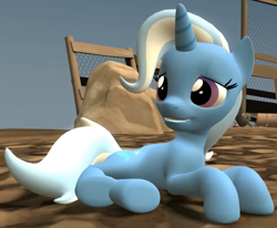 Size: 849x698 | Tagged: safe, artist:theinvertedshadow, trixie, pony, unicorn, elements of insanity, g4, 3d, an odd day for the cutie mark creeps, cute, diatrixes, female, fence, gmod, looking at someone, lying down, magic mare, mare, prone, rock, smiling, solo focus