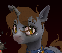 Size: 938x798 | Tagged: safe, artist:aviarts, oc, oc only, oc:littlepip, pony, unicorn, fallout equestria, brown mane, brown tail, bust, clothes, ear fluff, fallout, fluffy, freckles, gray coat, jumpsuit, looking at you, makeup, messy coat, messy hair, messy mane, messy tail, portrait, red background, short, simple background, smiling, smiling at you, solo, stable-tec, tail, vault suit, whiskers, wip