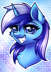 Size: 2480x3508 | Tagged: safe, artist:kruszynka25, minuette, pony, unicorn, g4, brushie, bust, cheek fluff, chest fluff, cleanest teeth in equestria, ear fluff, female, grin, high res, looking at you, mare, portrait, shiny teeth, smiling, smiling at you, solo