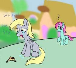 Size: 2000x1800 | Tagged: safe, artist:amateur-draw, derpy hooves, oc, oc:belle boue, pegasus, pony, unicorn, g4, crying, female, food, male, mare, missing cutie mark, muffin, muffin denial, sad, sadness, stallion, teary eyes