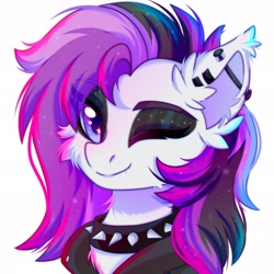 Size: 2048x2048 | Tagged: safe, artist:stesha, oc, oc only, oc:moonstone, bat pony, pony, clothes, collar, ear piercing, eyeshadow, high res, makeup, piercing, punk, simple background, spiked collar, white background