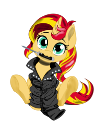 Size: 1954x2560 | Tagged: safe, artist:dstears, color edit, edit, sunset shimmer, pony, unicorn, g4, :3, clothes, colored, cute, female, filly, filly sunset shimmer, foal, jacket, knife, leather, leather jacket, looking at you, mare, mouth hold, oversized clothes, pure unfiltered evil, shimmerbetes, simple background, sitting, solo, switchblade, weapons-grade cute, white background, younger