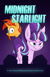 Size: 1594x2414 | Tagged: safe, artist:moonatik, starlight glimmer, sunburst, pony, unicorn, new lunar millennium, g4, alternate timeline, equal cutie mark, facial hair, fanfic, fanfic art, fanfic cover, female, glasses, goatee, mare, nightmare takeover timeline, our town, s5 starlight, story in the source