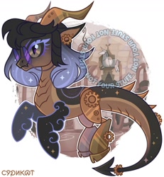 Size: 1200x1300 | Tagged: safe, artist:syrikatsyriskater, oc, oc only, oc:medea violet ring, original species, pony, amputee, dragon tail, ear piercing, earring, female, gears, glasses, horn, hybrid oc, jewelry, mare, multiple horns, piercing, prosthetic limb, prosthetics, simple background, smoke, solo, sparkles, steampunk, tail, white background