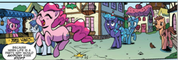 Size: 1097x374 | Tagged: safe, artist:pencils, idw, pinkie pie, earth pony, pegasus, pony, unicorn, g4, spoiler:comic, spoiler:comic69, butt, female, male, mane wars, mare, plot, stallion, unnamed character, unnamed pony