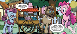 Size: 1077x469 | Tagged: safe, artist:pencils, idw, pinkie pie, earth pony, pony, g4, spoiler:comic, spoiler:comic69, beard, bowtie, clothes, elderly, facial hair, female, glasses, male, stallion, unnamed character, unnamed pony, yarn