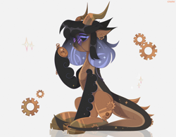 Size: 3200x2500 | Tagged: safe, artist:bassarisc, artist:crane, oc, oc only, oc:medea violet ring, original species, pony, amputee, clock, clockwork, commissioner:jewellier, dragon tail, ear piercing, earring, female, gears, glasses, high res, horn, hybrid oc, jewelry, mare, multiple horns, piercing, pocket watch, prosthetic limb, prosthetics, simple background, smoke, solo, sparkles, steampunk, tail, white background