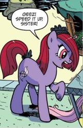 Size: 398x613 | Tagged: safe, artist:pencils, idw, fluttershy, earth pony, pony, g4, spoiler:comic, spoiler:comic73, angry, butt, female, mare, not limestone pie, open mouth, sitting, unnamed character, unnamed pony