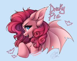 Size: 3000x2364 | Tagged: safe, artist:shinoshai, pinkie pie, bat pony, pony, g4, bat ponified, blue background, bust, fangs, high res, open mouth, open smile, pinkiebat, race swap, simple background, smiling, solo, tattered, tattered wings, wings