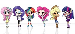 Size: 1172x533 | Tagged: safe, artist:silver meadow, applejack, fluttershy, pinkie pie, rainbow dash, rarity, twilight sparkle, human, g4, applejack's hat, backwards ballcap, baseball cap, blushing, bracelet, butterfly hairpin, cap, clothes, cowboy hat, cute, dress, feather, female, happy, hat, humanized, jacket, jewelry, mane six, one eye closed, open mouth, open smile, reflection, shorts, simple background, skirt, smiling, socks, striped socks, white background