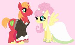 Size: 800x481 | Tagged: safe, artist:glittertiara, big macintosh, fluttershy, earth pony, pegasus, pony, g4, bride, clothes, dress, female, groom, husband and wife, male, mare, marriage, pink background, ship:fluttermac, shipping, simple background, stallion, straight, tuxedo, wedding, wedding dress