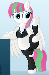 Size: 2597x3923 | Tagged: safe, artist:rainbowšpekgs, blossomforth, pegasus, pony, g4, belly, belly button, chest fluff, chubby, clothes, cute, female, flexible, freckles, frog (hoof), high res, hooves, leggings, short shirt, smiling, spread wings, stretching, that pony sure is flexible, underhoof, wings