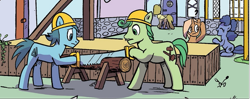 Size: 945x374 | Tagged: safe, artist:pencils, idw, earth pony, pegasus, pony, unicorn, g4, season 10, spoiler:comic, spoiler:comic94, comic, concerned, eyes closed, female, hat, log, male, mare, open mouth, saw, stallion