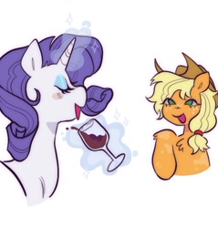 Size: 763x797 | Tagged: safe, artist:ghuoulish, applejack, rarity, earth pony, pony, unicorn, g4, duo, eyeshadow, glass, magic, makeup, simple background, white background, wine glass