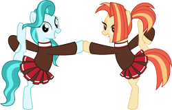 Size: 6282x4008 | Tagged: safe, artist:surprisepi, lighthoof, shimmy shake, earth pony, pony, 2 4 6 greaaat, g4, absurd resolution, bipedal, cheerleader, clothes, cute, duo, female, flexible, grin, happy, lightorable, mare, raised hoof, raised leg, shakeabetes, simple background, smiling, transparent background, vector