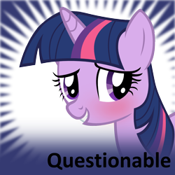 Size: 1024x1024 | Tagged: safe, twilight sparkle, pony, unicorn, derpibooru, g4, season 2, secret of my excess, blushing, female, grin, meta, meta:questionable, official spoiler image, questionable source, smiling, solo, unicorn twilight