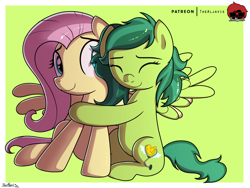 Size: 1200x900 | Tagged: safe, artist:thealjavis, fluttershy, oc, pegasus, pony, g4, duo, duo female, female, green background, hug, lime background, mare, simple background, smiling, spread wings, wings