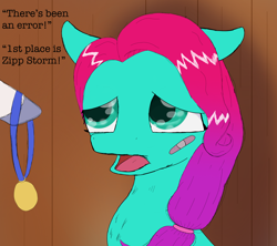 Size: 1800x1600 | Tagged: safe, alternate version, artist:php176, derpibooru exclusive, jazz hooves, zipp storm, earth pony, pegasus, pony, g5, bandaid, cute, dialogue, female, first place, happy, jazzibetes, looking at someone, mare, medal, offscreen character, open mouth, raised hoof, sad, sadorable, shading, solo focus, text, winner