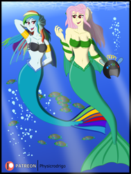 Size: 1500x1979 | Tagged: safe, artist:physicrodrigo, fluttershy, rainbow dash, fish, mermaid, series:equestria mermaids, equestria girls, g4, ponies of dark water, bubble, mermaidized, ocean, species swap, swimming, underwater, water