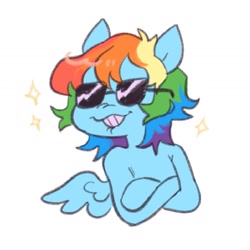 Size: 1440x1440 | Tagged: safe, artist:ghuoulish, rainbow dash, pegasus, pony, semi-anthro, g4, 20% cooler, arm hooves, crossed hooves, human shoulders, lip bite, simple background, solo, sparkles, sunglasses, white background