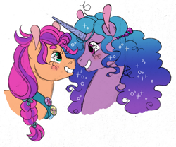 Size: 1019x847 | Tagged: safe, artist:butchidiot, artist:fizzmitz, izzy moonbow, sunny starscout, earth pony, pony, unicorn, g5, blushing, bust, duo, female, lesbian, looking at each other, looking at someone, ship:moonscout, shipping, simple background, smiling, white background