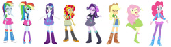 Size: 1280x353 | Tagged: safe, artist:diana173076, applejack, fluttershy, pinkie pie, rainbow dash, rarity, starlight glimmer, sunset shimmer, human, equestria girls, g4, boots, clothes, clothes swap, cowboy boots, cowboy hat, hat, shoes, simple background, socks, white background