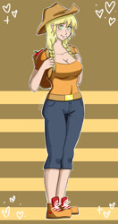 Size: 791x1500 | Tagged: safe, artist:erein, applejack, human, g4, apple, applejack's hat, breasts, cleavage, clothes, cowboy hat, female, food, hat, humanized, looking at you, pale skin, shoes, smiling, smiling at you, solo, striped background