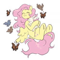 Size: 1440x1440 | Tagged: safe, artist:ghuoulish, angel bunny, fluttershy, bird, butterfly, pegasus, pony, rabbit, g4, animal, blushing, cute, lying down, on back, shyabetes, simple background, solo, spread wings, white background, wings