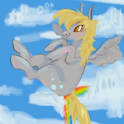 Size: 1080x1080 | Tagged: safe, artist:ombnom, derpy hooves, pegasus, pony, g4, cloud, flying, smiling, solo, spread wings, wings