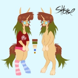 Size: 1080x1080 | Tagged: safe, artist:ombnom, oc, oc only, unicorn, anthro, clothes, cloven hooves, glasses, reference sheet, shirt, shorts, simple background, socks, solo, standing on two hooves, striped socks, t-shirt, text