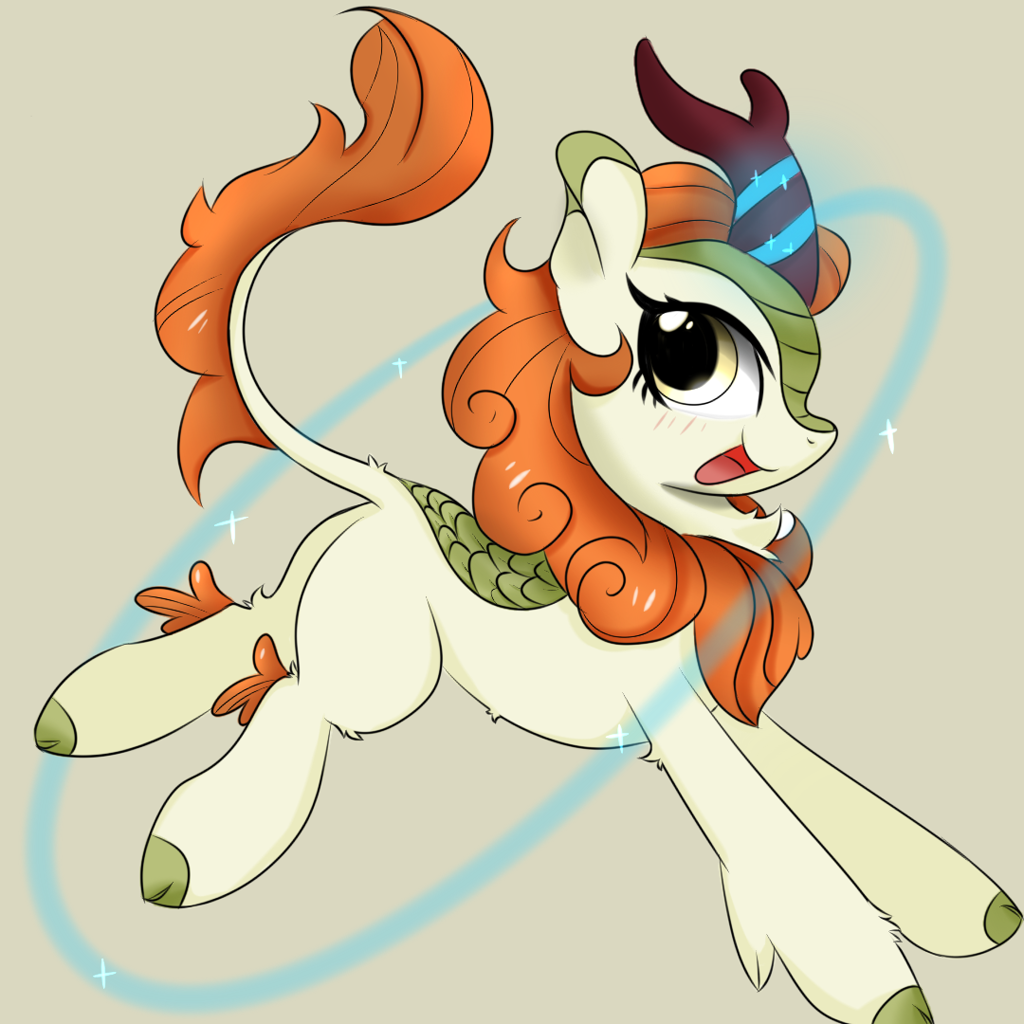 [beautiful,butt,cute,happy,kirin,light,looking at you,magic,open mouth,plot,pony,running,safe,simple background,solo,smiling,autumn blaze,artist:twiliset]