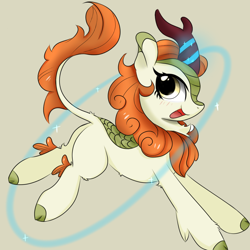 Size: 1080x1080 | Tagged: safe, artist:twiliset, derpibooru exclusive, autumn blaze, kirin, g4, awwtumn blaze, beautiful, butt, cloven hooves, cute, happy, light, looking at you, magic, open mouth, open smile, plot, running, simple background, smiling, solo
