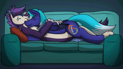 Size: 1920x1080 | Tagged: safe, artist:tacomytaco, oc, oc only, oc:drip, oc:noxy, jackal, pegasus, pony, animated, backrub, couch, cuddling, duo, ear flick, eyes closed, gay, hug, lying down, lying on top of someone, male, noxydrip, nuzzling, oc x oc, on back, pillow, shipping, smiling, snuggling