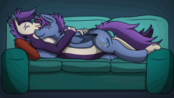 Size: 1920x1080 | Tagged: safe, alternate version, artist:tacomytaco, oc, oc only, oc:drip, oc:windy dripper, pegasus, pony, animated, backrub, couch, cuddling, duo, ear flick, eyes closed, hug, lying down, lying on top of someone, male, nuzzling, on back, petting, smiling, snuggling
