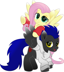 Size: 2383x2682 | Tagged: safe, artist:php178, derpibooru exclusive, fluttershy, oc, oc:shadow spirits, pegasus, pony, g4, my little pony: rainbow roadtrip, .svg available, :d, birthday gift, blue, blue mane, blue tail, canon x oc, clothes, crouching, cyan eyes, drawstrings, duo, duo male and female, face down ass up, female, fluttershy riding oc, happy, happy birthday, high res, hood, hoodie, hoof around neck, hoof heart, inkscape, lidded eyes, looking at you, male, male and female, mare, movie accurate, open mouth, open smile, pegasus oc, pink mane, pink tail, ponies riding ponies, red, riding, shipping, simple background, smiling, smiling at you, socks, spread wings, stallion, straight, svg, tail, transparent background, turquoise eyes, underhoof, upside-down hoof heart, vector, wing sleeves, wings, yellow, yellow eyes