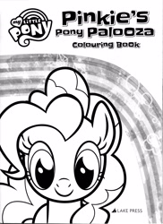 Size: 2550x3509 | Tagged: safe, pinkie pie, earth pony, pony, g4, official, balloon, black and white, book cover, coloring book, coloring page, cover, female, grayscale, high res, looking at you, mare, monochrome, pinkie's pony palooza coloring book, rainbow, smiling, smiling at you, solo, text