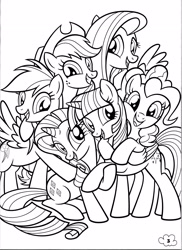 Size: 2550x3509 | Tagged: safe, applejack, fluttershy, pinkie pie, rainbow dash, rarity, twilight sparkle, alicorn, earth pony, pegasus, pony, unicorn, g4, official, black and white, coloring book, coloring page, female, grayscale, grin, high res, mane six, mare, monochrome, open mouth, open smile, pinkie's pony palooza coloring book, smiling, stock vector, twilight sparkle (alicorn)