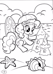 Size: 2550x3509 | Tagged: safe, pinkie pie, earth pony, pony, starfish, g4, official, beach, black and white, coloring book, coloring page, conch shell, cute, diapinkes, female, grayscale, high res, mare, monochrome, ocean, open mouth, open smile, outdoors, pinkie's pony palooza coloring book, sandcastle, sitting, smiling, solo, stock vector, surfboard, water