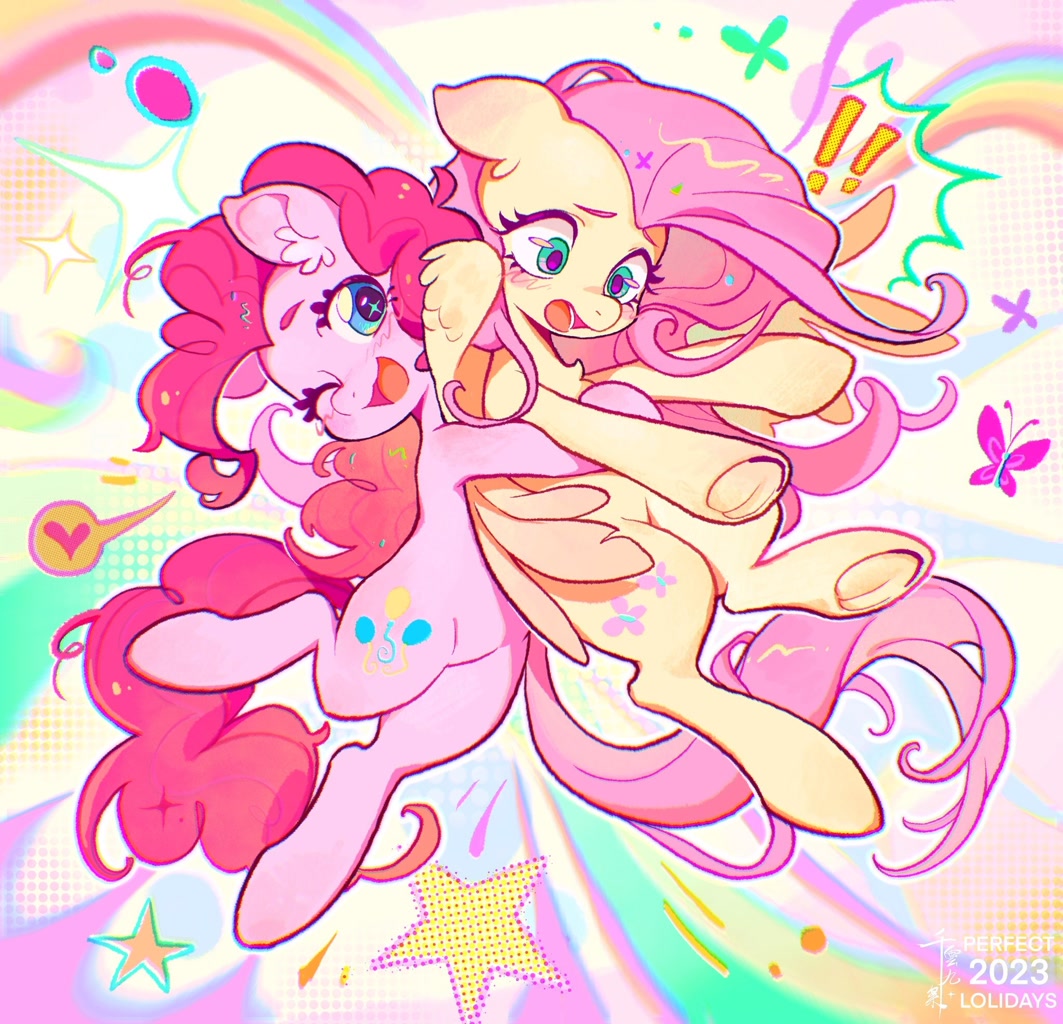 [duo,earth pony,female,fluttershy,hug,looking at you,mare,open mouth,pegasus,pinkie pie,pony,safe,wings,wink,one eye closed,underhoof,duo female,frog (hoof),smiling,smiling at you,open smile,winking at you,artist:千雲九枭,artist:universe5052]