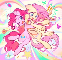 Size: 2048x1972 | Tagged: safe, artist:千雲九枭, fluttershy, pinkie pie, earth pony, pegasus, pony, g4, cute, diapinkes, duo, duo female, female, frog (hoof), high res, hug, looking at you, mare, one eye closed, open mouth, open smile, shyabetes, smiling, smiling at you, underhoof, wings, wink, winking at you