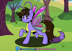 Size: 3508x2481 | Tagged: safe, artist:memprices, oc, oc only, oc:quill swirls, original species, antenna, antennae, butterfly wings, complex background, eye clipping through hair, high res, pony hybrid, ponysona, raised hoof, wings